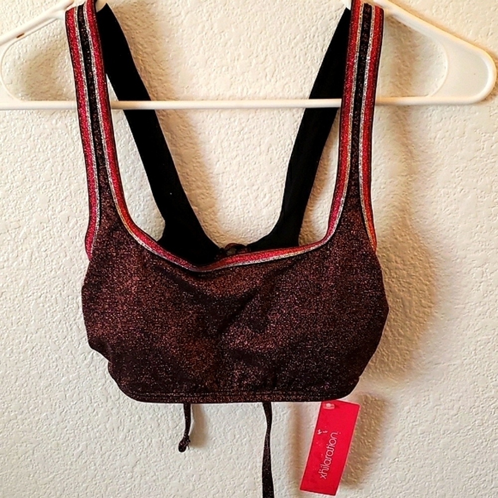 Xhilaration Rose Gold Bikini Top with Striped Straps and Self-tie Back Size M #